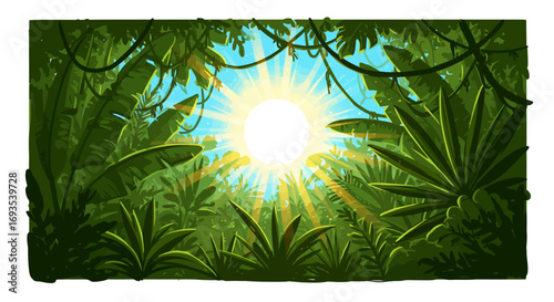 Lush jungle scene with dense greenery  sun rays piercing through leaves