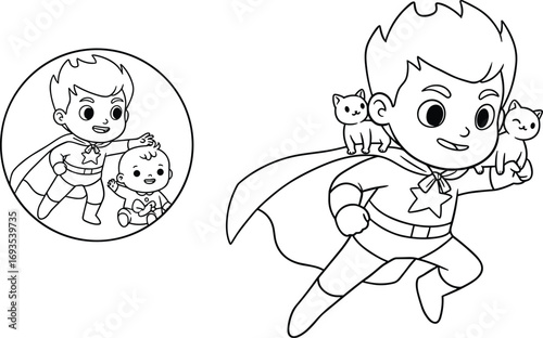 Superhero coloring page, cute hero with kittens, baby hero rescue coloring, kids superhero animal coloring, printable superhero boy coloring sheet