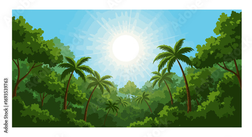 Lush jungle scene with palm trees under a bright radiant sun and blue sky