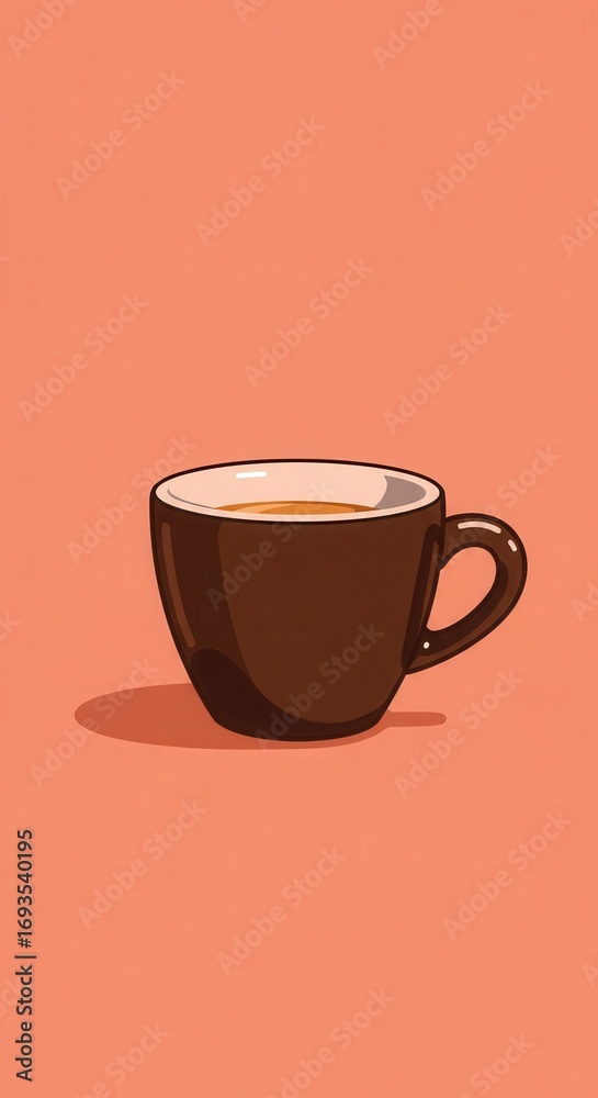 Obraz premium A simple, stylized illustration of a brown coffee cup filled with light brown liquid, presented against a vibrant coral background.