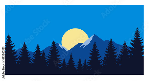 Mountain view at night with pine trees and moon