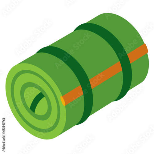 Rolled olive sleeping bag with green straps vector on white background.