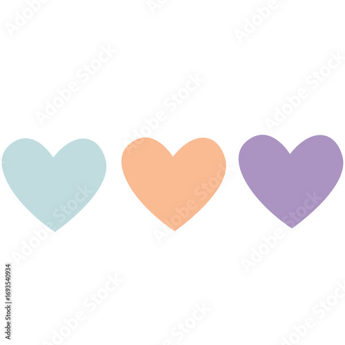 Row of three pastel hearts in blue, orange, and purple, soft and colorful design for love or romantic themes.

