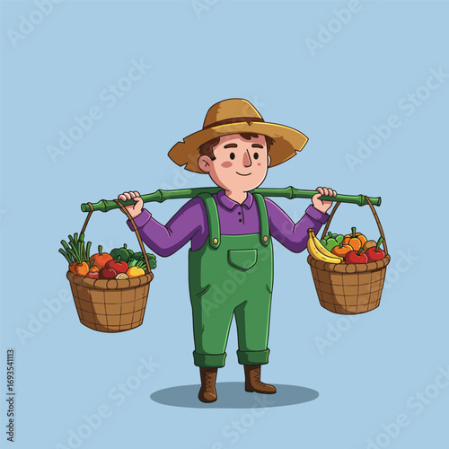 A smiling farmer in a straw hat carries baskets of fruits and vegetables on a green pole, dressed in colorful overalls and boots.