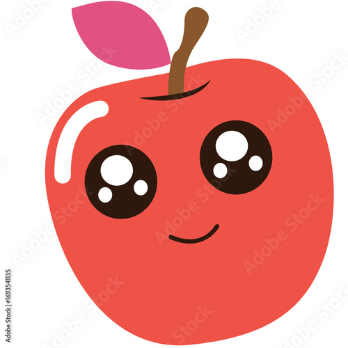 Red apple with big eyes and a smile, cute kawaii fruit character ideal for healthy food themes or children's illustrations.