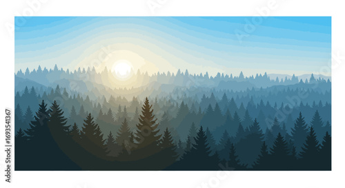 Silhouette of a dense forest with a glowing sun casting light through the trees