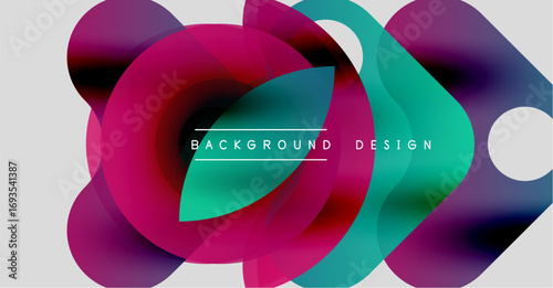 Abstract fluid shapes overlap, creating vibrant color gradients. Design features magenta, teal, purple hues over white backdrop. Modern aesthetic.