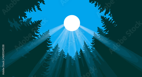 Silhouette of pine trees at night under a full moon with light beams