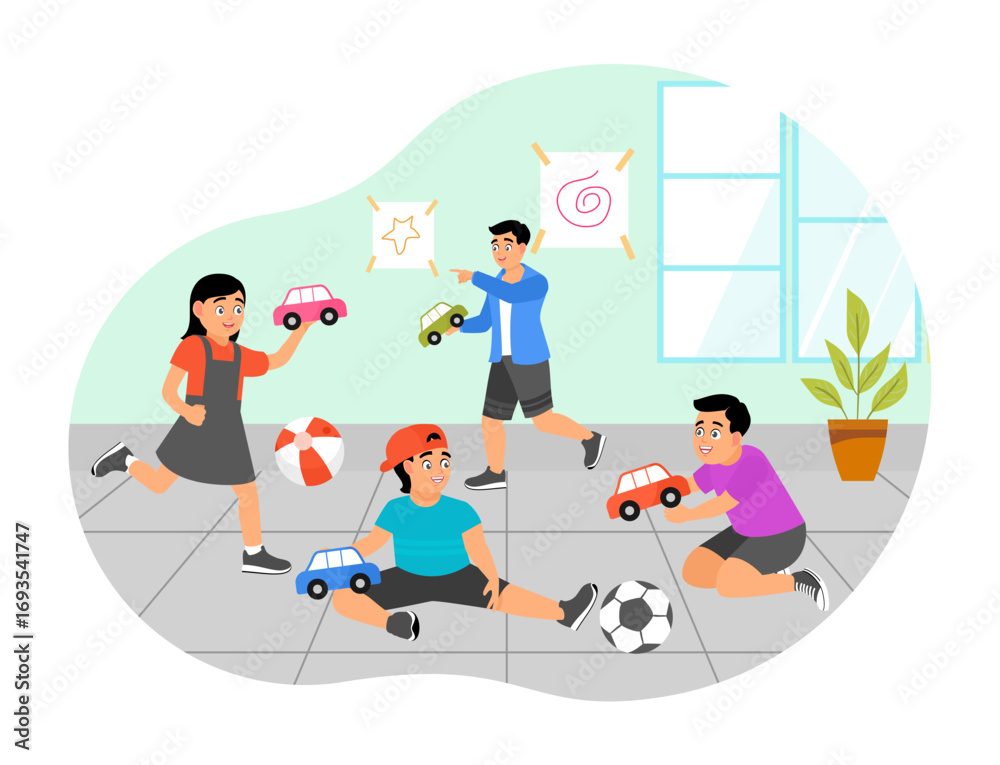 Fototapeta premium Children playing toys concept. Kids play toys and games together in kindergarten.
