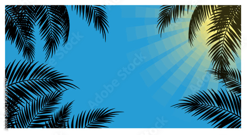 Silhouetted palms frame a blue sky with radiating light beams evoking a tropical feel