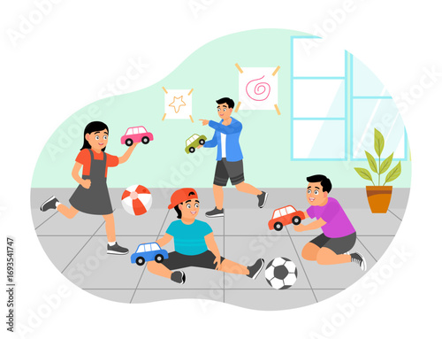 Children playing toys concept. Kids play toys and games together in kindergarten.