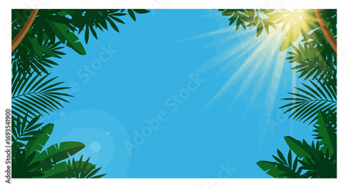 Sky view framed by lush green foliage sunbeams piercing through leaves