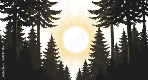 Stylized dark forest scene with silhouetted evergreen trees framing a bright sunlit clearing