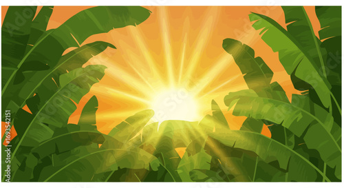 Sunburst peers through vibrant green foliage creating a jungle scene
