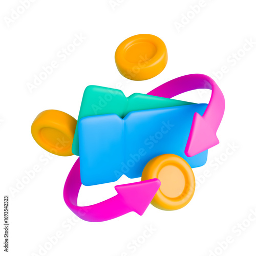 3d cashback coupon icon. Realistic gift voucher, gold coin and pink arrows around. Money refund, discount concept. Vector sign of cash service on white background