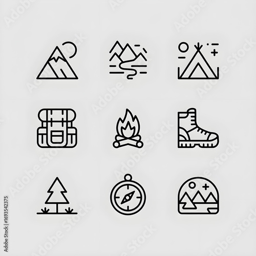 Nature and Adventure Icons Set for Mountains, Camping, and Outdoor Activities