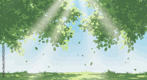 Sunlight filters through green foliage onto a grassy ground