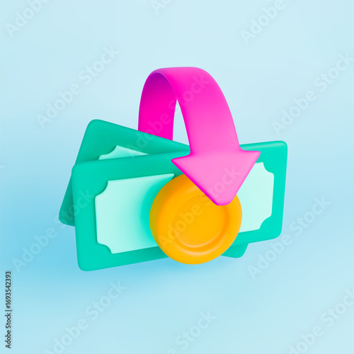 3d cashback banknote icon. Realistic stack banknotes with gold coin and pink arrows around. Money saving, transfer, exchange concept. Sign cash refund. Vector illustration on blue background.
