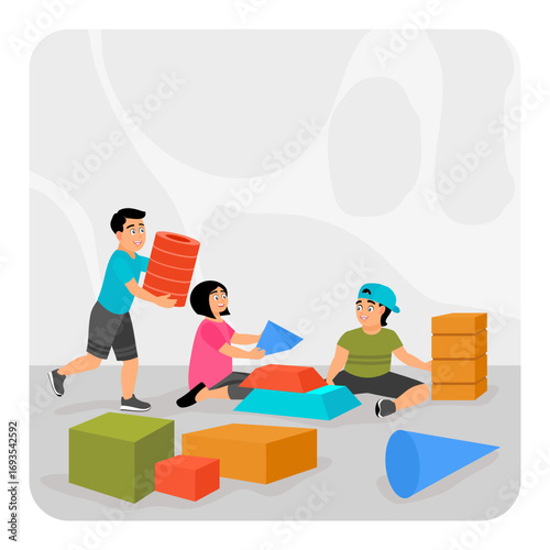 Children Playing Toys. Children Playing With Colorful Building Blocks and Shapes Indoors.