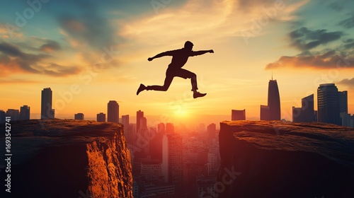 Person jumping at sunset above urban skyline.
