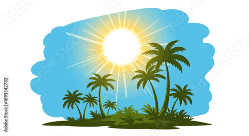 Sunny tropical island scene with palm trees against a blue sky backdrop