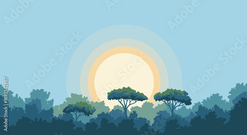 Sunset over stylized forest with three prominent trees in silhouette