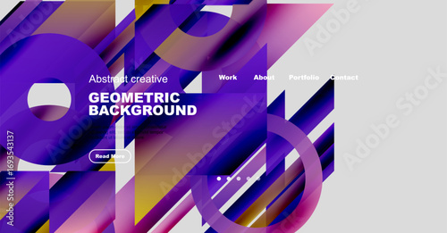 Abstract geometric background features vibrant purple, pink hues. Website navigation includes work, about, portfolio, contact options. Button invites further exploration.