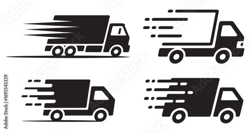 Fast Delivery Truck Logo Set – Express Shipping Van Icon, Courier Service Speed Symbol Vector