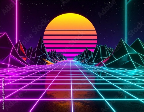 Retrofuturism Neon Grid Landscape