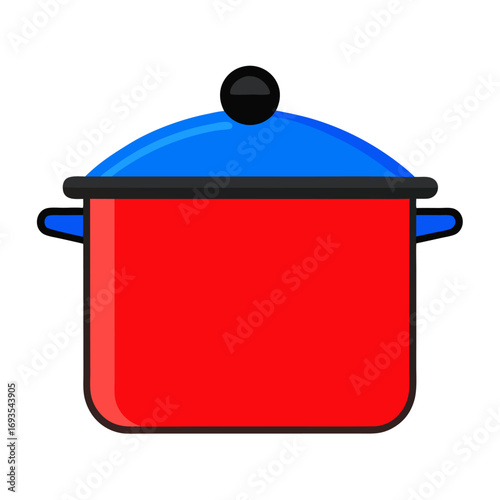Red cooking pot with blue glass lid vector on white background.