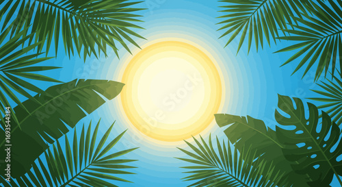 Tropical scene with sun palm banana  monstera leaves against a blue sky