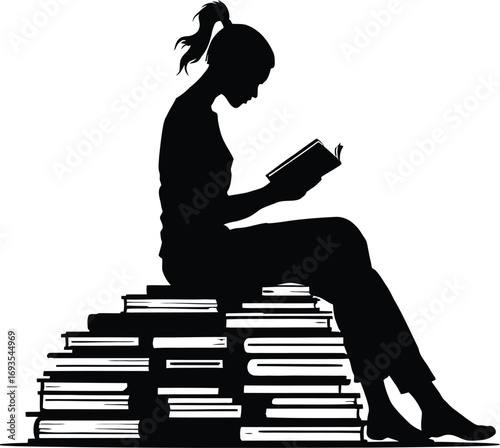 silhouette of a woman reading a book sitting on a stack of books book, girl, read, silhouette, sit, sit on, stack, woman , Generative art.
