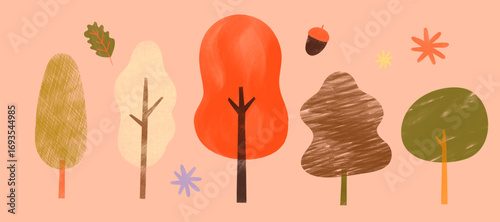 Autumn Trees Textured Illustration Set 