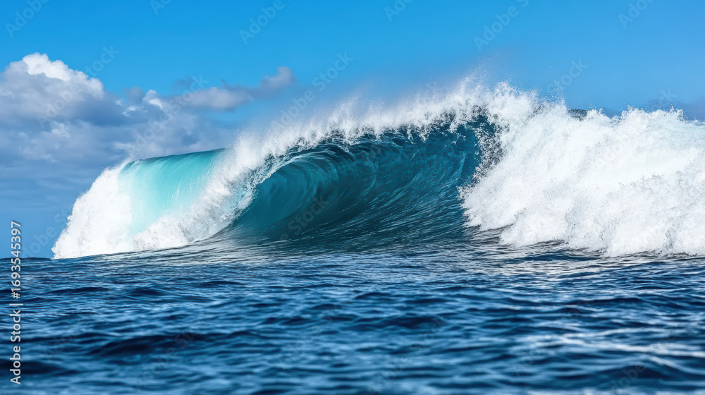 Obraz premium Cresting wave with vibrant blue water and white foam under clear sky