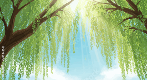 Weeping willow trees frame a sky scene with sunlight and clouds