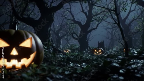 Halloween background with pumpkins and haunted house - 3D render. Halloween background with Evil Pumpkin. Spooky scary dark Night forrest. Holiday event halloween banner background concept