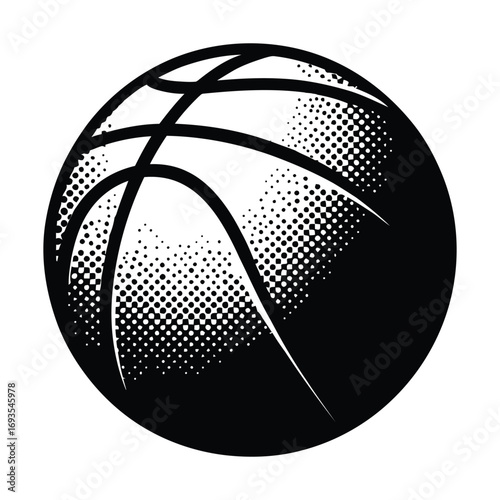 Classic black and white halftone style basketball graphic with visible lines and texture