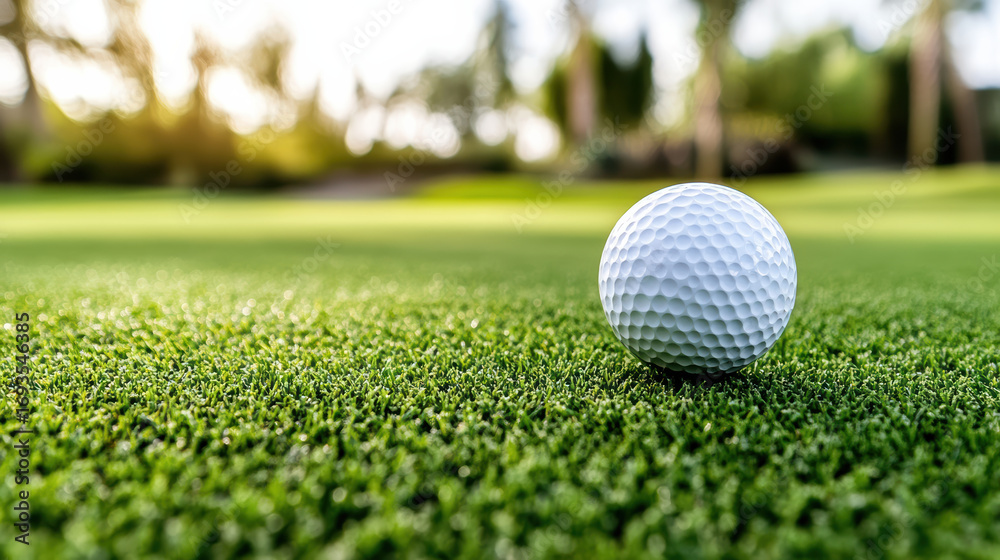 Obraz premium Close up of golf ball on green grass, showcasing serene golf course atmosphere