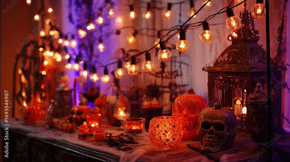 Fototapeta premium Halloween Decoration on Table with Skull and Pumpkin