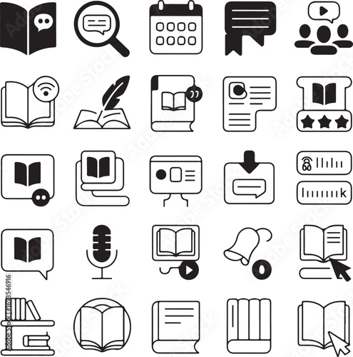 Collection of black and white icons representing education and communication book open book