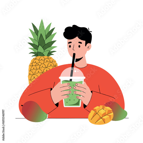A vibrant flat 2D vector illustration of a person happily enjoying a refreshing tropical fruit smoothie, holding the cup with both hands, surrounded by fresh pineapple and mango.