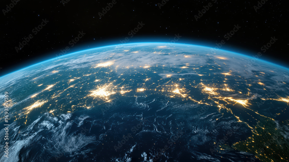 Fototapeta premium Aerial view of Earth showcasing illuminated cities and oceans, highlighting global connectivity