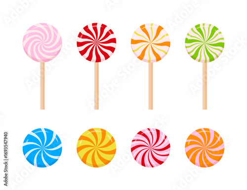 Striped caramel candies vector set. Spiral multicolored lollipops illustration.