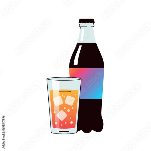 A vibrant 2D flat vector illustration shows a sparkling soda bottle with a label beside a fizzing glass full of ice, presented with bold colors on a clean white background.