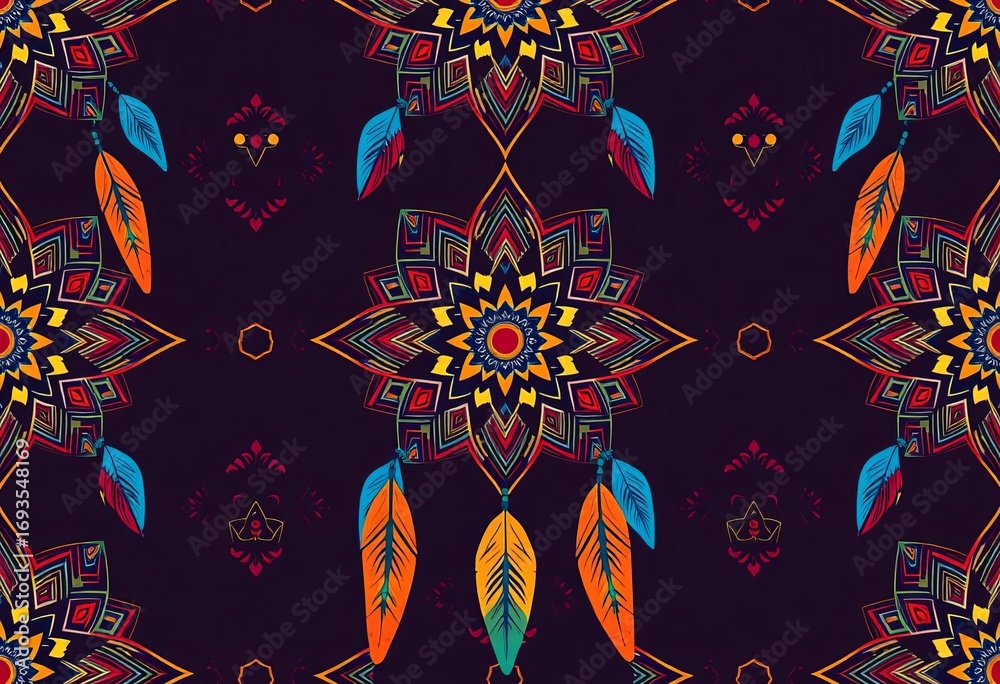 Intricate geometric dreamcatcher design in vibrant ethnic American Indian style, seamless repeat pattern,  symbol,  texture