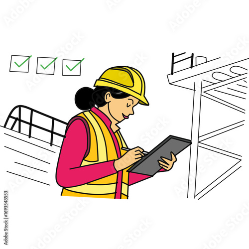 A female engineer inspects a construction site, marking off checklist items amidst an industrial background. The concept of safety and progress.