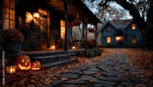 Front porch with Halloween decor after dark, glowing jack-o-lanterns, autumn leaves, welcoming atmosphere