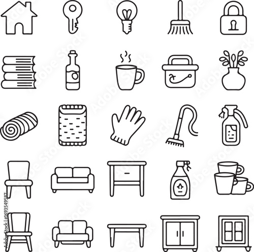 Collection of black and white line art icons for home and cleaning house lightbulb