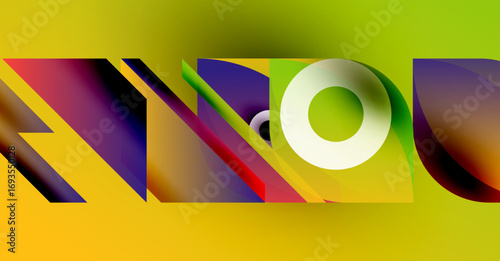 Abstract colorful design. Geometric shapes overlap, creating vibrant visual impact. Yellow background enhances contrast, modern aesthetic.
