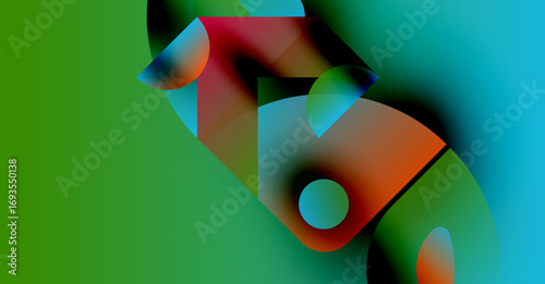 Abstract composition featuring vibrant shapes, gradients. Green background contrasts with orange, blue, red elements. Modern design.